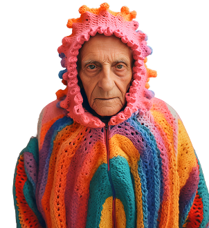 Old man in a crocheted rainbow hood