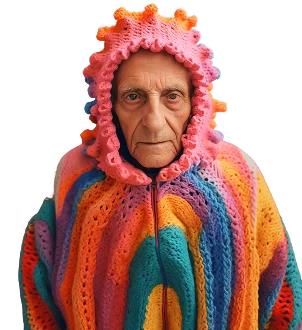 Old man in a crocheted rainbow hood