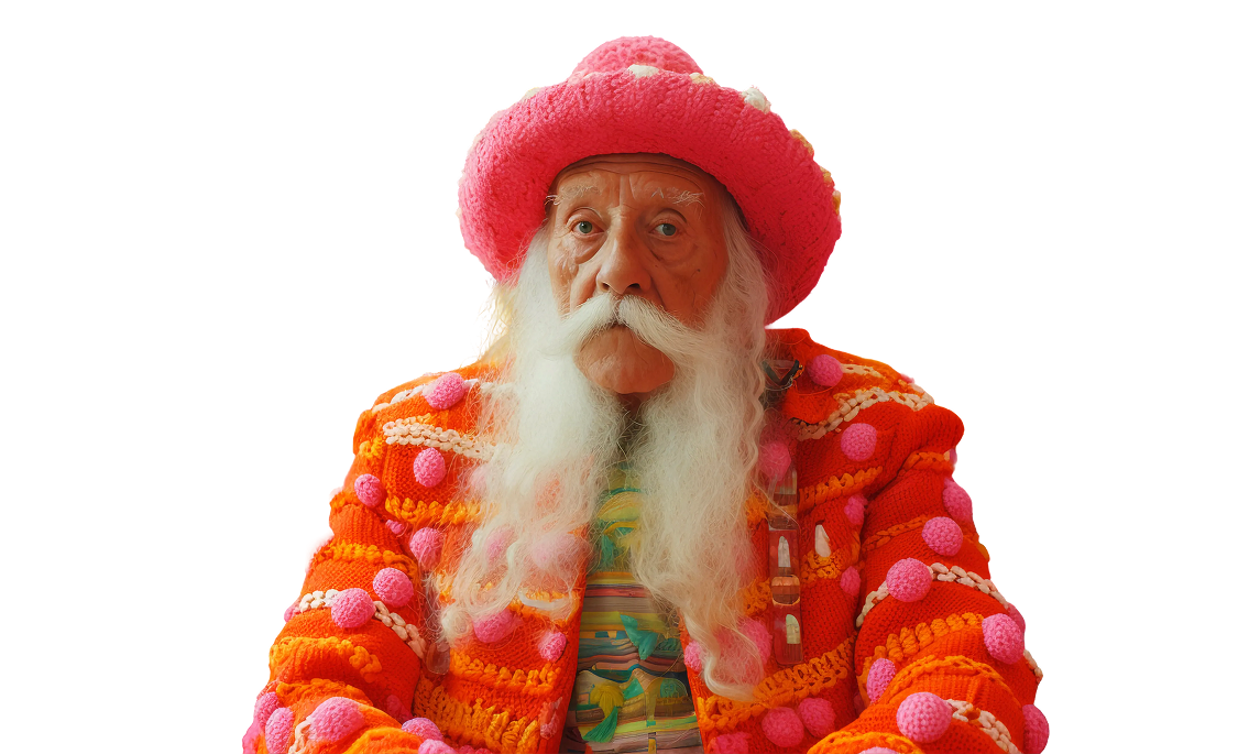 Old man in crocheted candy-colored coat